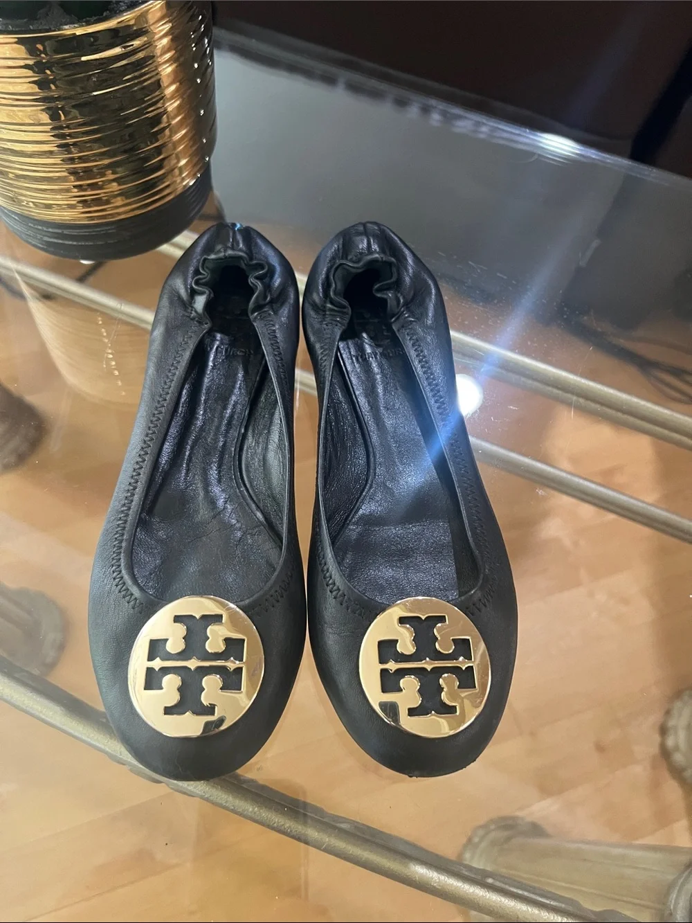 Tory Burch Black Leather Logo Ballet Flats with Gold Emblem